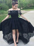 A Line Off the Shoulder Black Lace High Low Short Sleeves Prom Dresses LBQ1540